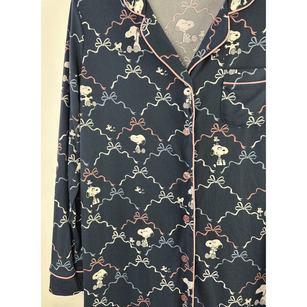 munki munki x Peanuts Sleep Shirt Dress Snoopy Print Navy Blue Button Medium - Picture 3 of 10